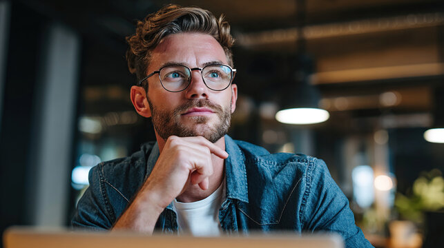 Thoughtful businessman analyzing online data