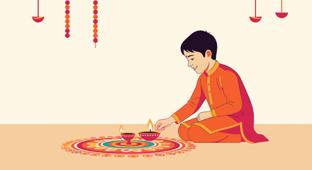Celebrating Diwali Festival of Lights with Traditional Rituals, Elegant Rangoli Design, Diyas, and Cultural Attire for Joyous Cultural Festivities and Religious Observances