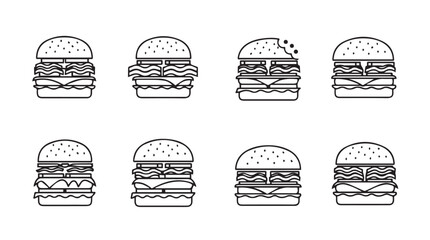Collection of eight delicious hamburgers icons diverse burger styles food graphics vector