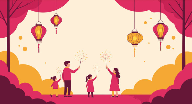 Celebrating Family and Cultural Traditions with Fireworks and Festive Lanterns at a Nighttime Festival Scene Featuring Kids and Adults in a Vibrant Landscape for Cultural Event Promotions