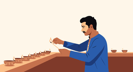 Elegant Indian Man Performing Traditional Ritual Ceremony with Oil Lamps and Holy Offerings, Celebrating Cultural Heritage at Sacred Festival Event, Vibrant Spiritual and Religious Practice