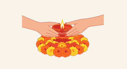 Elegant Handcrafted Diya Candle Surrounding Traditional Marigold Flower Decoration for Festivals Celebrations Cultural Rituals and Spiritual Ceremonies in Vibrant Festive Settings