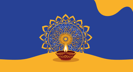 Elegant Traditional Diwali Diya Lamp with Ornamental Mandala Design for Festival Celebrations and Cultural Events, Deep Gold and Vibrant Blue Decor Elements, Celebratory Atmosphere