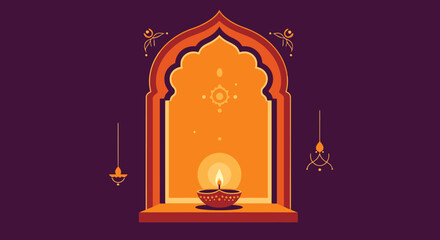 Elegant Traditional Indian Diwali Decorative Window Frame with Illuminated Diya Oil Lamp, Cultural Festival Celebration Symbol, Festive Indoor Decor, Bright Warm Light, and Spiritual Atmosphere