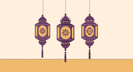 Elegant Traditional Lanterns Hanging Display with Intricate Floral Patterns in Deep Purple and Gold for Cultural Celebrations, Festivals, and Festive Decorations for Restaurants Hotels and Event