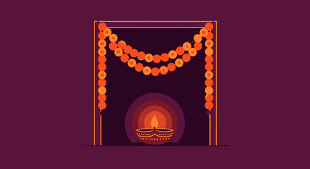 Elegant Traditional Festival Decoration with Bright Orange Marigold Garlands for Celebrations and Cultural Events, Vibrant Festive Scene Highlighting Colorful Ceremony Setup for Joyful Occasions