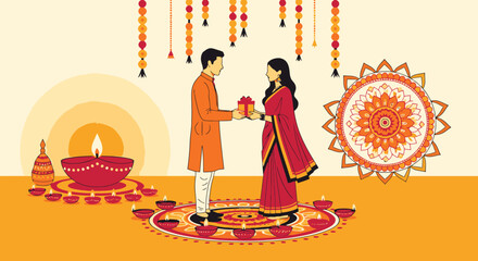 Elegant Traditional Indian Wedding Ceremony Scene with Bride and Groom in Colorful Attire Celebrating Sacred Rituals Under Decorative Henna and Floral Mandala Decor with Ritual Items and Warm