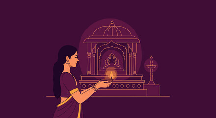 Elegant Woman in Traditional Indian Attire Worshipping a Sacred Temple at Night with Deep Purple Background Showing Spirituality and Cultural Heritage for Religious or Cultural Celebrations and