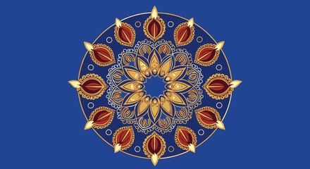 Elegant Traditional Mandala Design with Intricate Gold and Red Elements on Deep Blue Background, Symbolizing Spirituality, Cultural Heritage, Meditation, and Artistic Expression for Decor and
