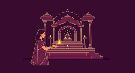 Elegant Woman in Traditional Indian Saree Holding Oil Lamp During Diwali Festival Lighting Ceremony at Sacred Temple, Cultural Celebration of Lights and Spiritual Rituals in India