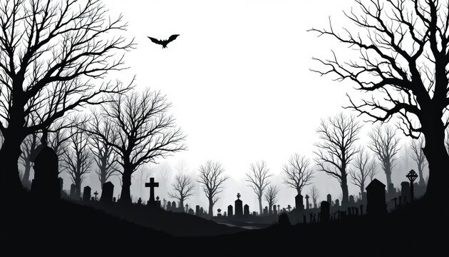 horizontal banner with a white background and a black silhouette of trees and a cemetery.  terrifying scenery.  Halloween vector graphics for posters, stickers, banners, and invitations