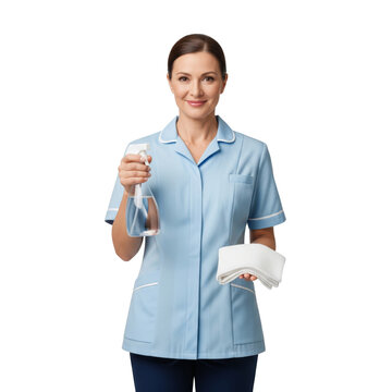 Female housekeeper holding spay bottle and cloth isolated on white