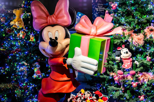 NETHERLANDS, Oosteind, Christmas show, November 18, 2023: The Christmas tree is decorated with Mickey Mouse, selective focus. Christmas Walt Disney decorations and festive lights 