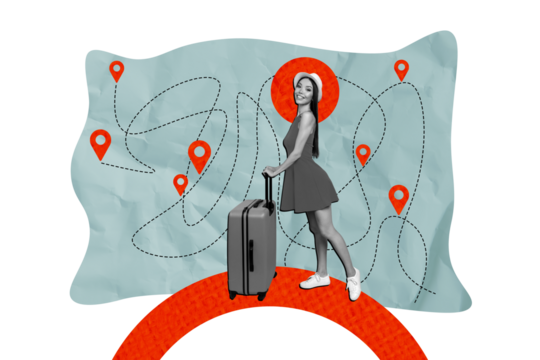 Creative image picture young beautiful girl tourist valise luggage gps mark geo location routes ways abroad vacation travel agency