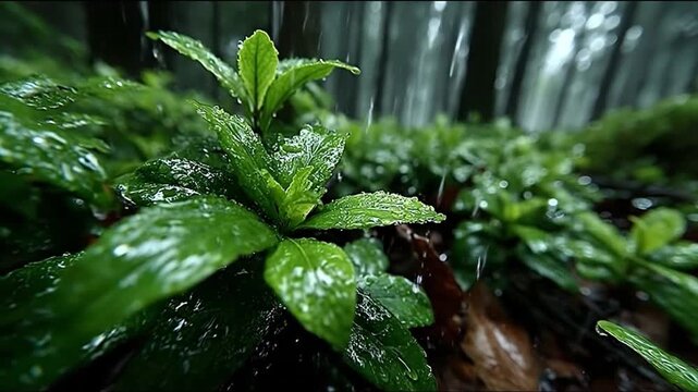 Rain soaked green leaves in a forest nature background with copy space
