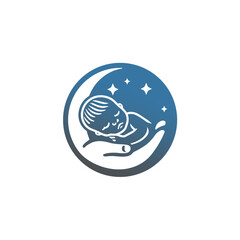 Sleeping Baby on Moon in Hand Logo with Stars in Blue Circle