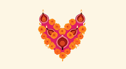 Intricate Heart-Shaped Colored Clay Oil Lamp Design Adorned with Bright Marigold Flowers for Cultural Celebrations, Festivals, and Traditional Decoration, Perfect for Festive Events and Cultural