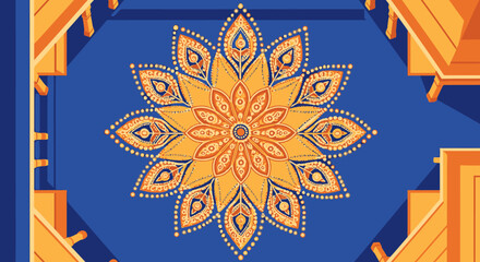 Intricate Mandala Pattern with Gold Detailing on Deep Blue Background for Meditation, Spirituality, and Cultural Artistic Decor in Sacred Space Design Elements