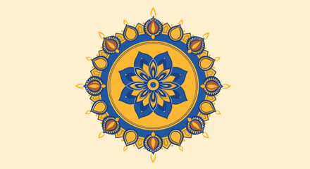 Intricate Traditional Mandala Design with Floral Elements in Blue and Gold for Cultural Celebrations Spiritual Symbols and Artistic Decor for Meditation Yoga and Wellness Centers