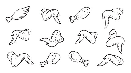 Collection of hand drawn chicken wings and drumsticks food elements for culinary designs vector