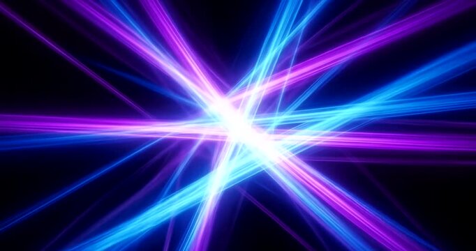 Vibrant beams of light intersecting in a dark space, creating dynamic visuals