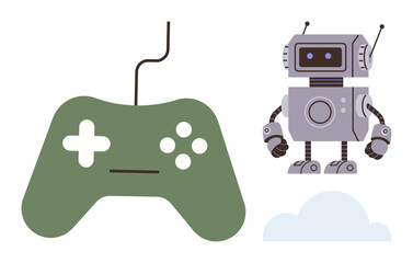 Green game controller with buttons and a gray robot with antennas near a cloud. Ideal for gaming, robotics, technology, innovation, entertainment, futurism, and education. Simple flat metaphor