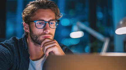 Serious man focusing on computer at night