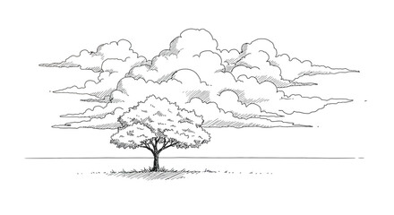 A solitary tree stands beneath a dramatic cloud filled sky illustration