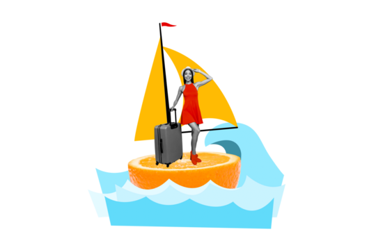 Creative collage picture young beautiful woman sea waves traveler citrus orange ship boat sailor cruise vacation travel agency promo