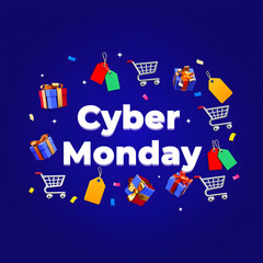 Cyber Monday Celebration Banner with Shopping Icons and Confetti