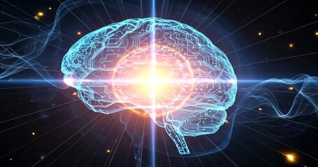 Futuristic digital brain with glowing circuits and light effects against a cosmic background - Powered by Adobe