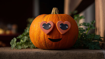 Halloween pumpkin with heart shaped eyes sitting on porch concept of autumn love, festive season, joy and halloween romance in warm evening light concept of cute seasonal decoration