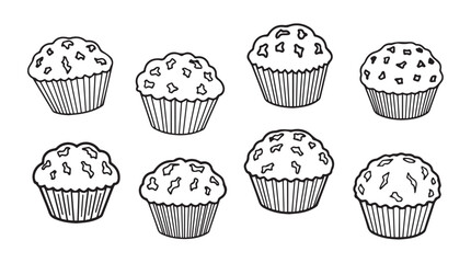 Hand drawn delicious muffins collection charming bakery food icons simple sketch style vector