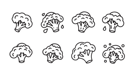 Collection of hand drawn broccoli florets with water droplets isolated organic healthy food icons vector