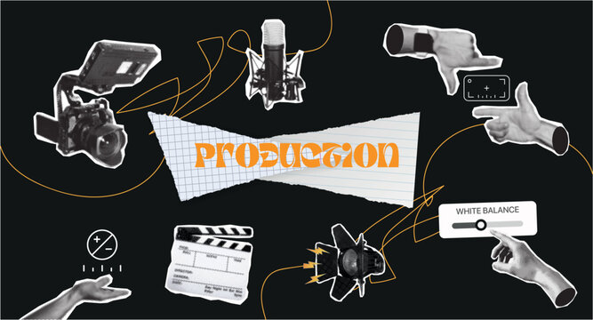 Halftone pop art collage showing the production stage of filmmaking with movie camera microphone, lighting, hands framing a shot clapperboard and white balance control Symbol of video shooting process