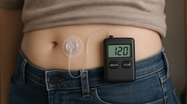 Bionic Pancreas System  reading device insulin pump attached to abdomen for diabetes management  concept of modern healthcare technology, glucose control, medical treatment, and wearable innovation