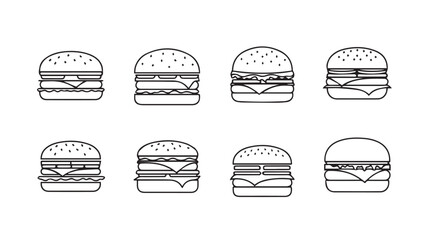 Set of delicious burger icons simple outline drawings for food branding and design projects vector