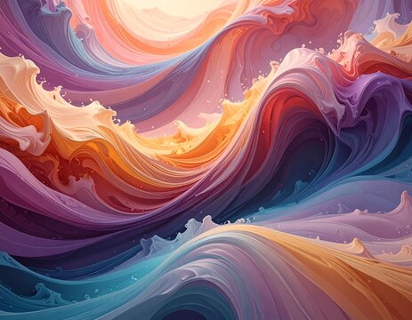 Abstract wavy forms in vibrant, flowing colors.  A dynamic display of swirling, layered, and textured waves in a spectrum of warm and cool hues.  Sun-like light source hints at depth and movement