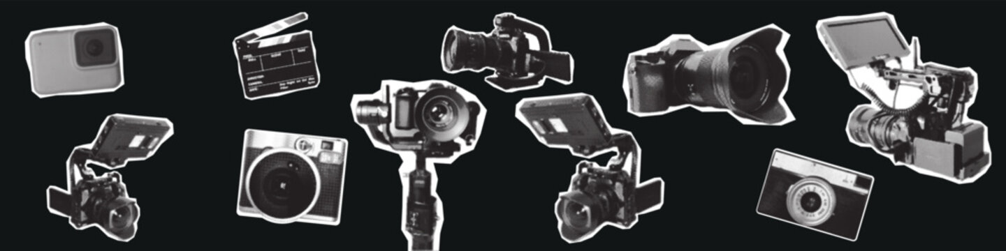 Pop art halftone collage featuring various cameras: action camera, retro camera, cinema camera, portable camera, gimbal camera, mirrorless camera, and photo camera. Creative concept of technology