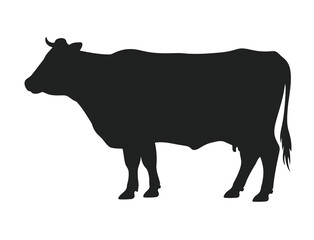 A striking black silhouette of a standing cow presented as a clean graphic element isolated on a pure white background perfect for various design applications isolated on white background