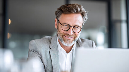 Smiling businessman using laptop at workspace