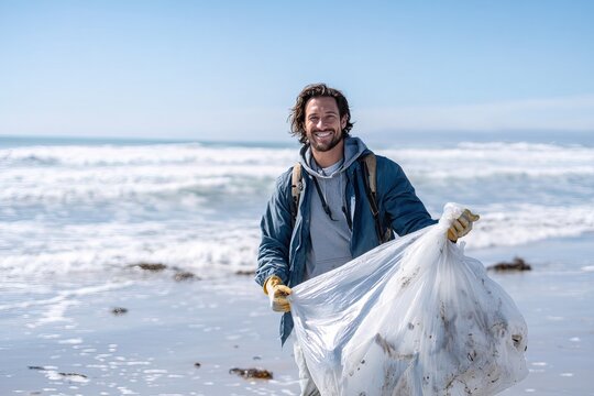 person is joyfully cleaning beach, collecting trash in large bag. sunny day highlights the beautiful ocean waves in background, creating positive atmosphere for this community cleanup effort