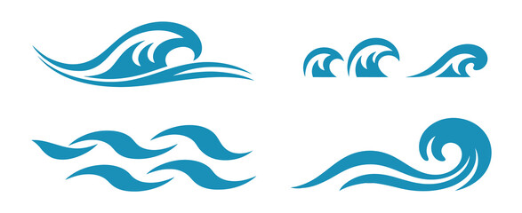 Collection of stylized blue wave icons representing different water movements and ocean themes isolated on white background