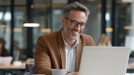 Happy businessman working on laptop indoors