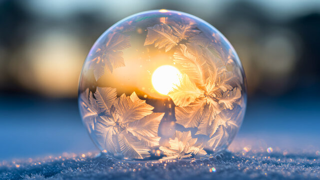 Frozen soap bubble reflects winter sunlight, a magical moment