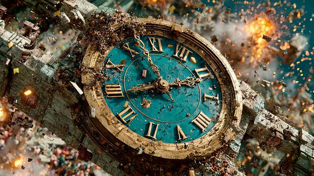 Exploding Clock Tower Ruins Fire Debris Blue Face Roman Numerals Destruction Scene