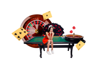 Composite trend artwork sketch image photo collage of casino betting chip blackjack jackpot miniature young lady sad loss money sit board
