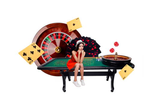Composite trend artwork sketch image photo collage of casino betting chip blackjack jackpot miniature young lady sad loss money sit board