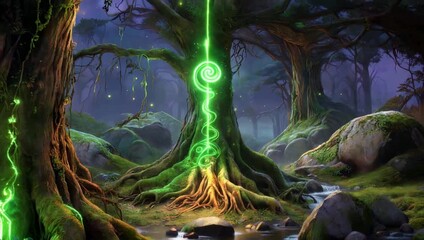 Mystical Bioluminescent Forest at Twilight with Glowing Energy Vines, Floating Orbs, and Surreal Light - Powered by Adobe