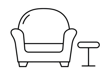 Simple line art icon of a comfortable armchair and ottoman representing modern furniture and interior design isolated on white background